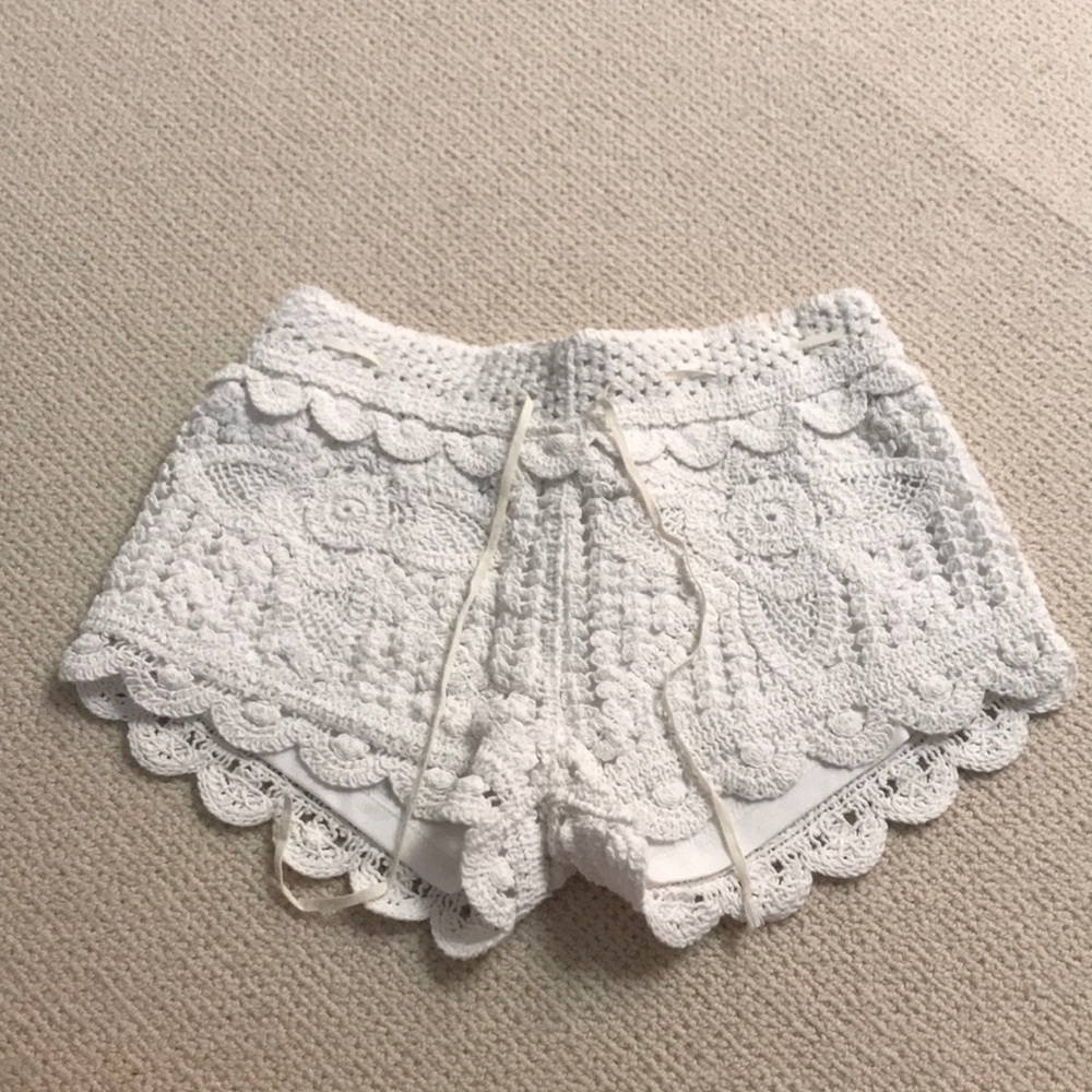 White crochet drawstring cover up beach shorts